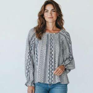 Jack by BB Dakota Women's Large Indigo & White Boatneck Shirred Long Sleeve Top